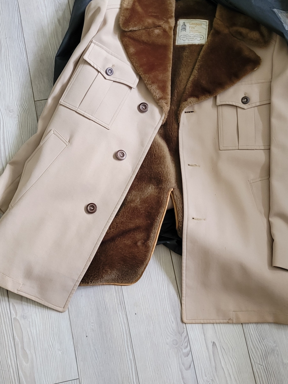 London Fog Tan Pea Coat with Brown Faux-Fur Lining